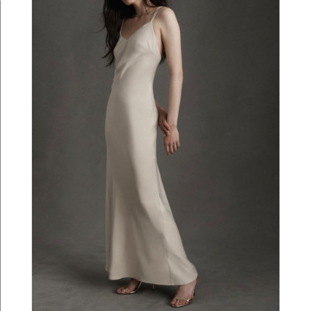 BHLDN Champagne slip Charlie Dress with deep-V back, double straps, chic